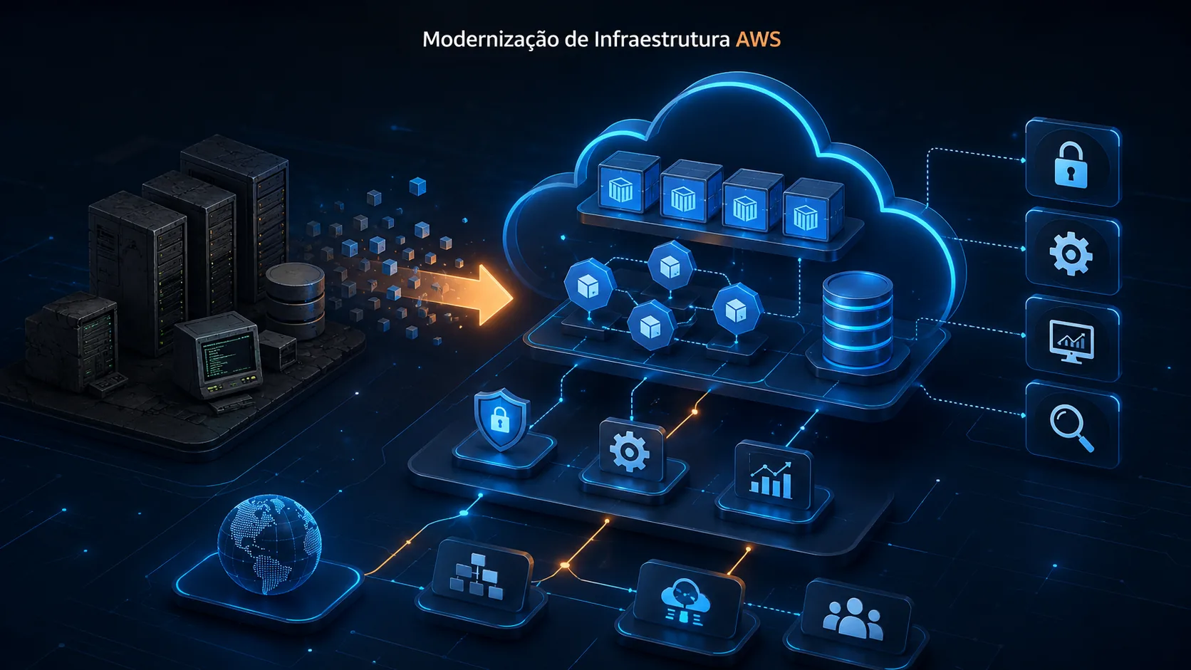 Diagrama de modernização de infraestrutura AWS — migração de servidores on-premise para containers, banco de dados gerenciado e serviços cloud com segurança e observabilidade