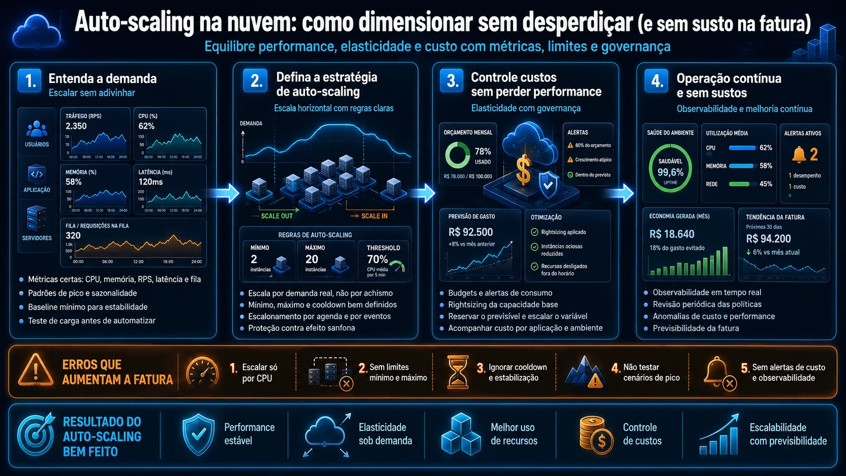 Guia de auto-scaling na nuvem — ASG, MIG e VMSS em AWS, Google Cloud e Azure com políticas de escalonamento e FinOps