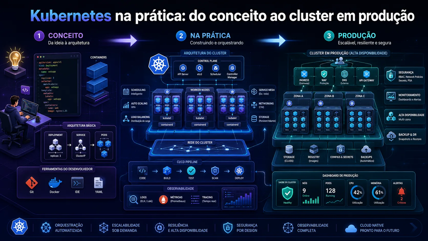 Kubernetes na prática — arquitetura de cluster com Control Plane, Worker Nodes, Pods, Deployments e serviços gerenciados EKS, GKE e AKS