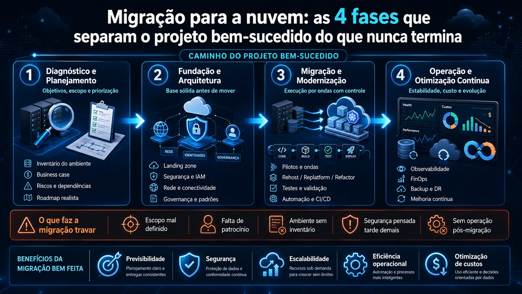 As 4 fases de migração para a nuvem — avaliação, planejamento, execução e operação contínua com FinOps