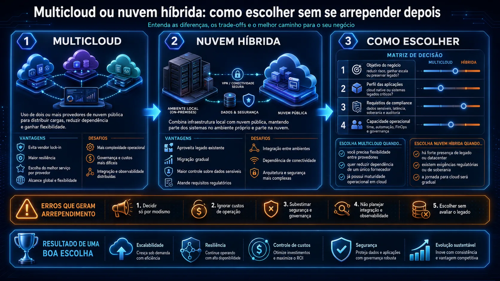 Multicloud vs nuvem híbrida — diagrama comparativo entre múltiplos provedores de cloud pública e ambiente on-premise conectado à nuvem